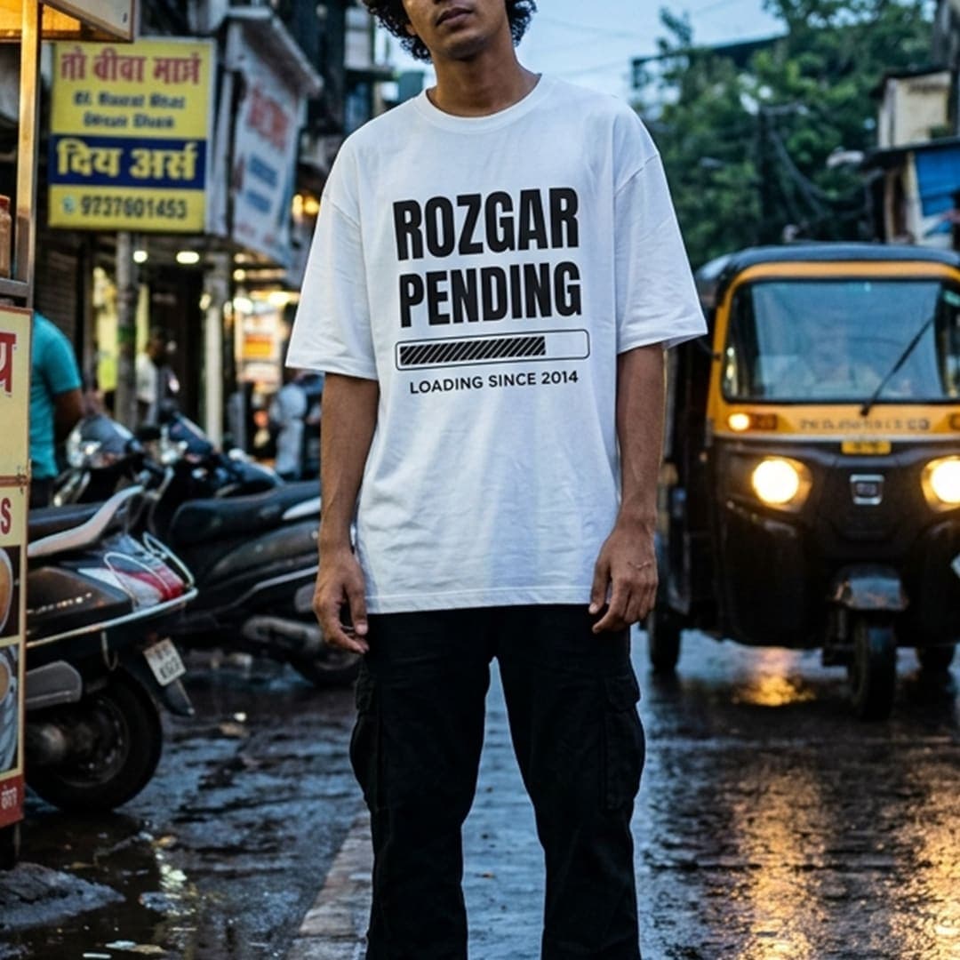 "Rozgar Pending" Loading Bar Oversized Graphic T-Shirt tee — unbothered color — 240 GSM cotton India
